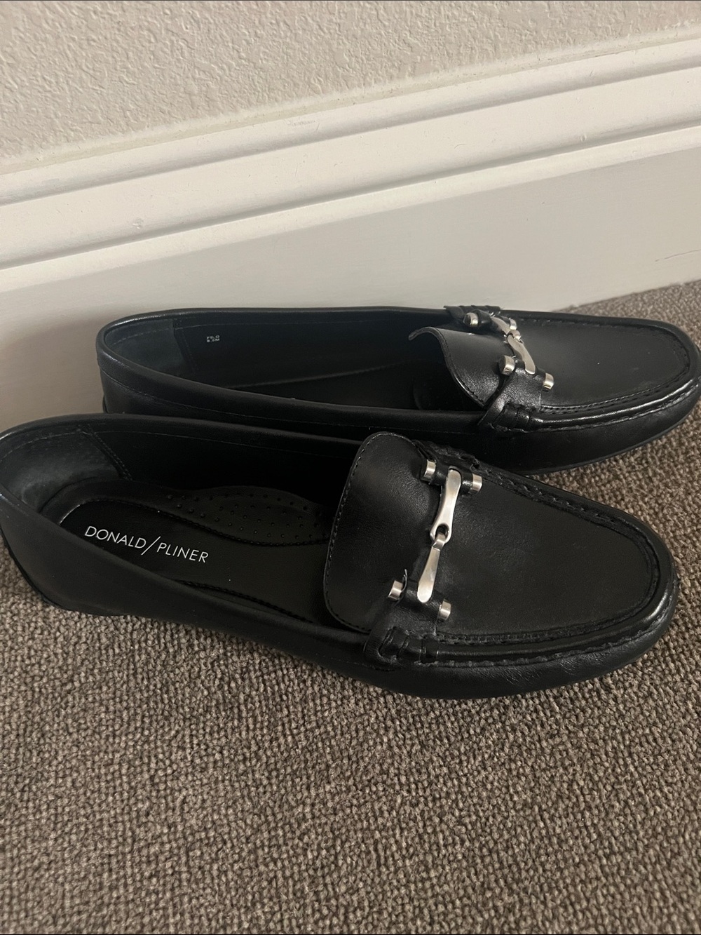 Donald J. Pliner Black Leather Slip-On Loafers with Silver Bit